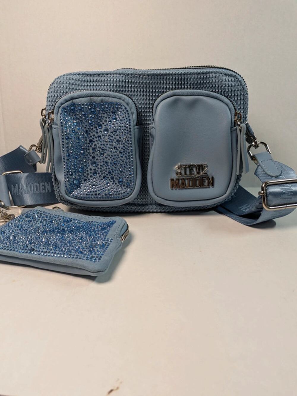 NWOT Steve Madden Blue Rhinestone Crossbody Bag w/Matching Wristlet Pouch Y2K